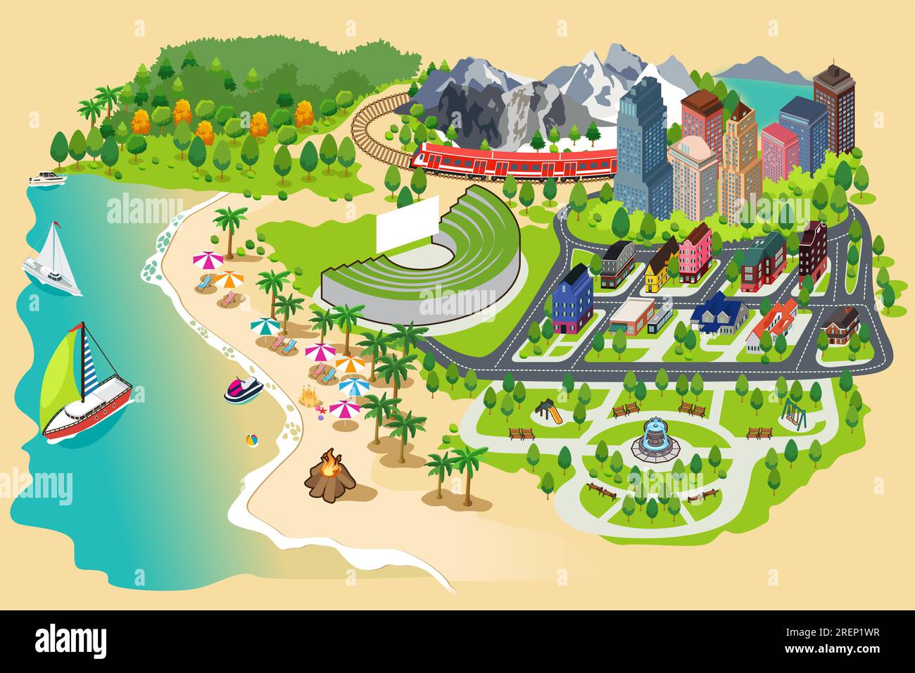 Une illustration vectorielle de City Mountain Beach Park Buildings Landscape Illustration de Vecteur