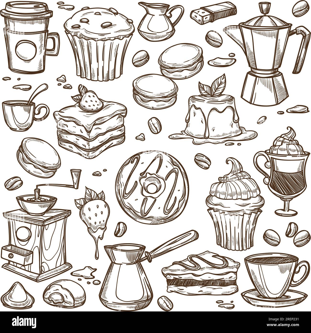 Café et desserts, gâteaux et pâtisseries sucrées Illustration de Vecteur