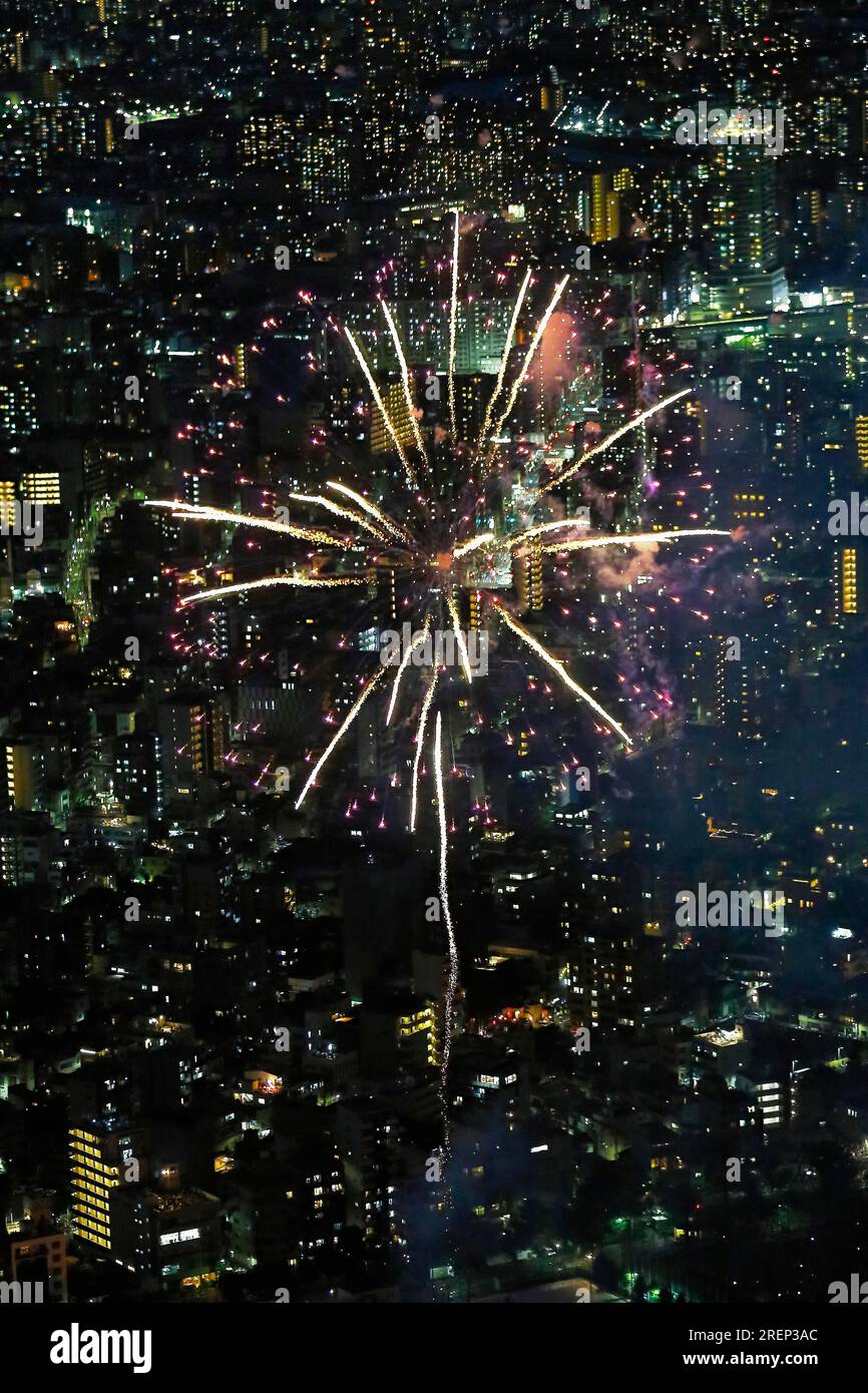 Tokyo, Japon. 29 juillet 2023. Vue depuis Tokyo SKYTREE des feux d'artifice illuminant le ciel au-dessus de la rivière Sumida à Tokyo. Le Sumidagawa Fireworks Festival est revenu après quatre ans, avec 90 minutes de feux d'artifice. Environ 900 personnes se sont rassemblées sur le pont d'observation de Tokyo SKYTREE pour profiter des lumières colorées à environ 350 mètres au-dessus du sol. (Image de crédit : © Rodrigo Reyes Marin/ZUMA Press Wire) USAGE ÉDITORIAL SEULEMENT! Non destiné à UN USAGE commercial ! Banque D'Images