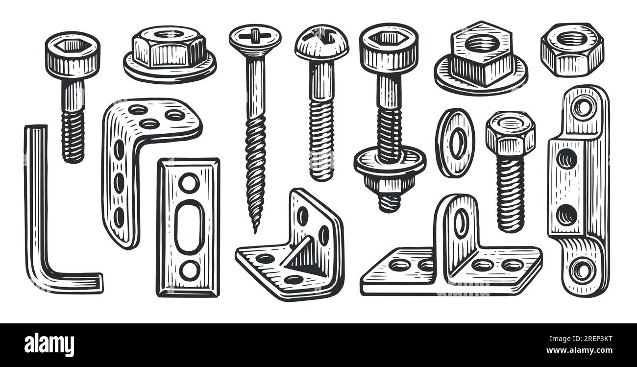 Vecteur de collection de matériel. Jeu de boulons et écrous en acier, vis, cheville, boulon d'ancrage métallique, rondelle frein de construction Illustration de Vecteur