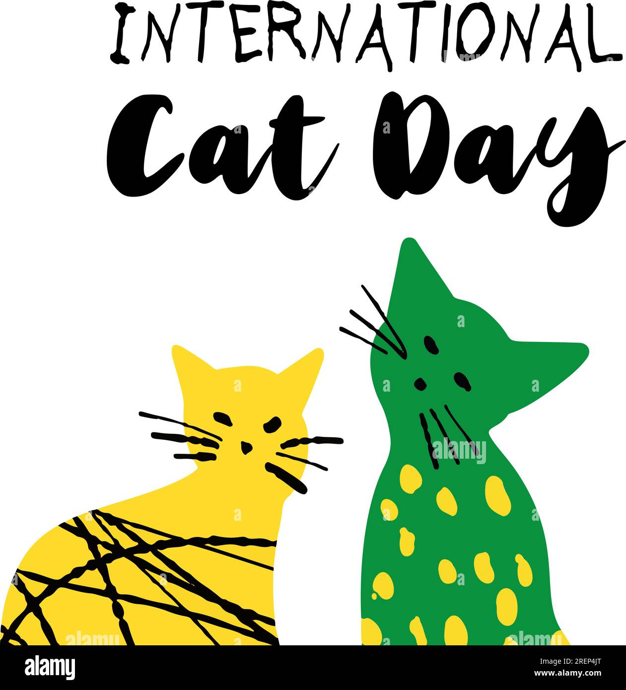 Illustration de la Journée internationale du chat avec des chats mignons texturés de couleur vert jaune Illustration de Vecteur
