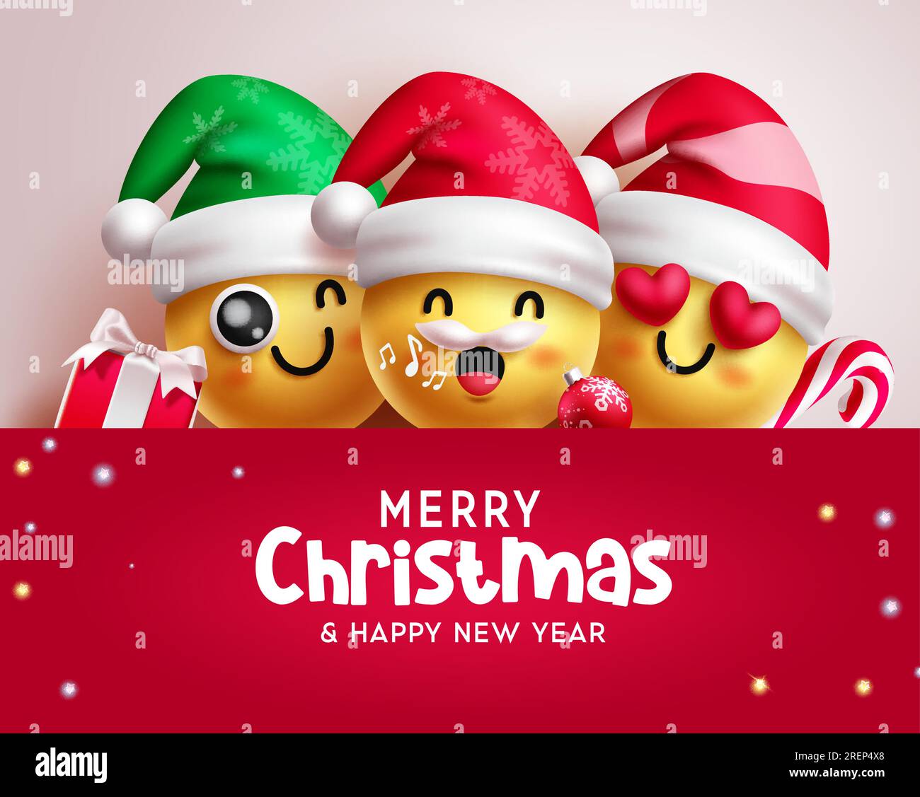 Joyeux noël et nouvel an modèle de vecteur de texte. Emojis et émoticônes de Noël personnages 