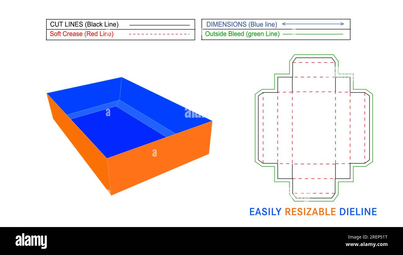 Plateau Box, assemblez facilement le modèle de ligne de découpe modifiable de la boîte de plateau standard et le fichier vectoriel 3D. Illustration de Vecteur