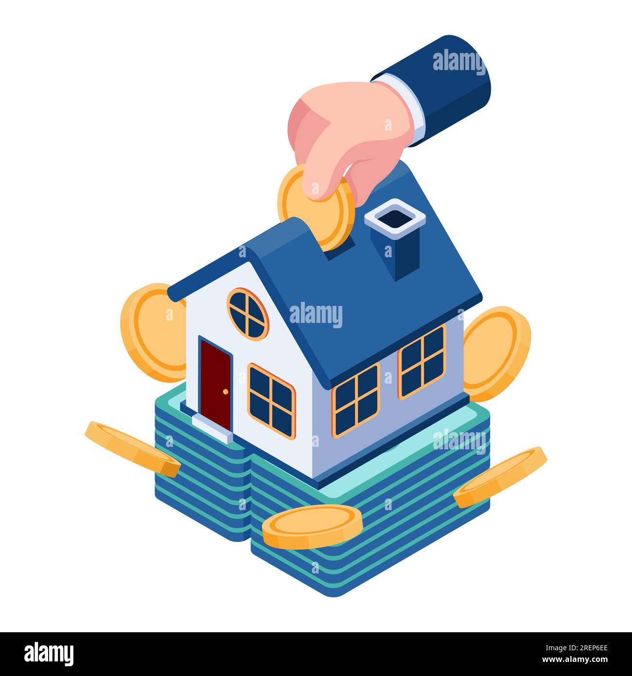 Plat 3d Isometric homme d'affaires à la main Insérer pièce dans la maison. Achat d'un concept d'investissement immobilier et de maison. Illustration de Vecteur