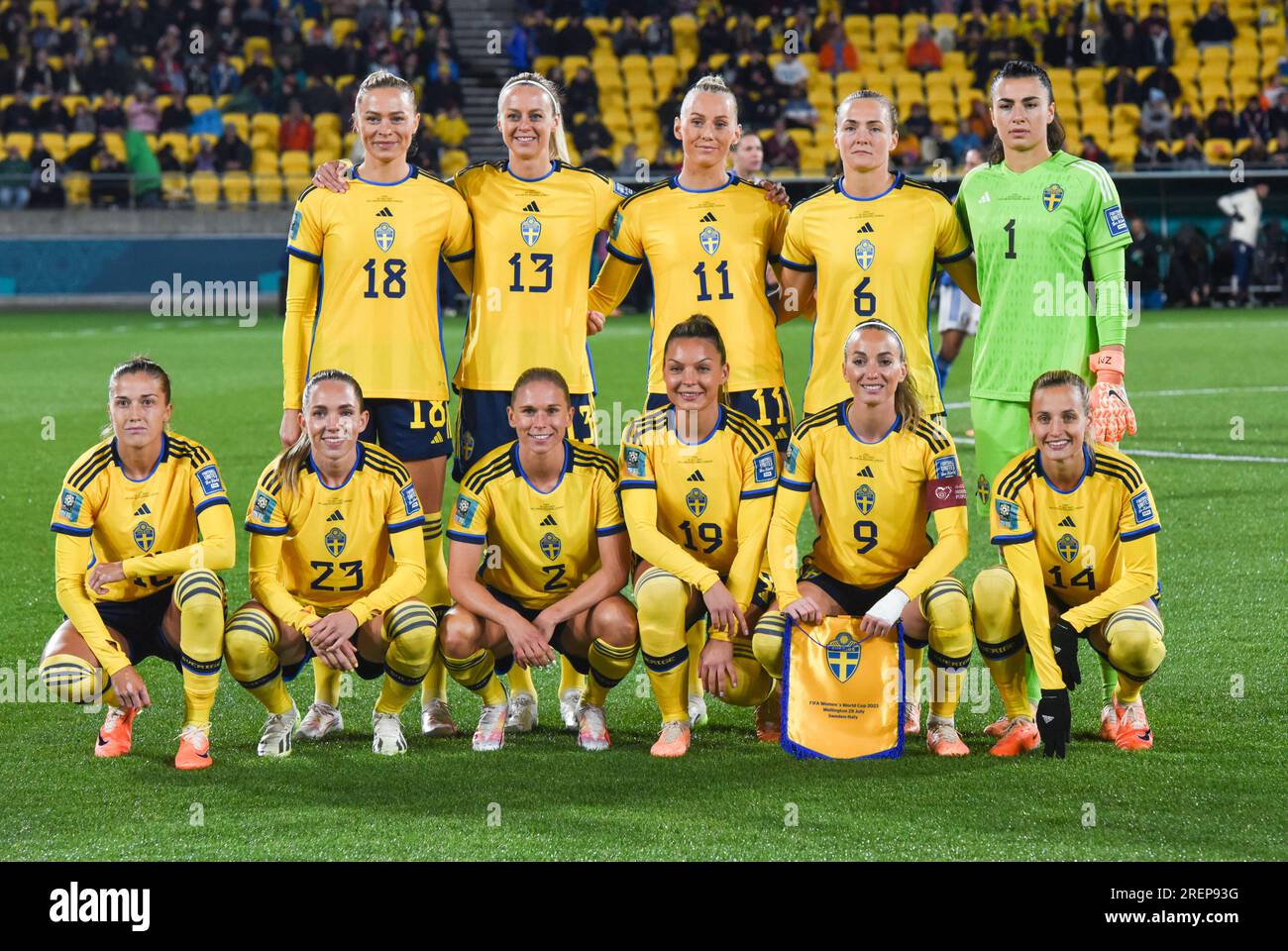 Wellington, Nouvelle-Zélande. 29 juillet 2023. Les joueuses suédoises débutantes s'alignent avant le match de groupe G entre la Suède et l'Italie lors de la coupe du monde féminine de la FIFA 2023 à Wellington, en Nouvelle-Zélande, le 29 juillet 2023. Crédit : Guo Lei/Xinhua/Alamy Live News Banque D'Images