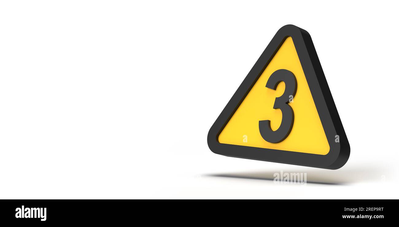 Concept d'avertissement : triangle d'avertissement avec symbole numéro 3 sur l'icône géométrique jaune encadrée sur fond blanc vide. Espace de copie de conception de rendu 3D. Banque D'Images Concept d'avertissement : triangle d'avertissement avec symbole numéro 3 sur l'icône géométrique jaune encadrée sur fond blanc vide. Espace de copie de conception de rendu 3D. Banque D'Images