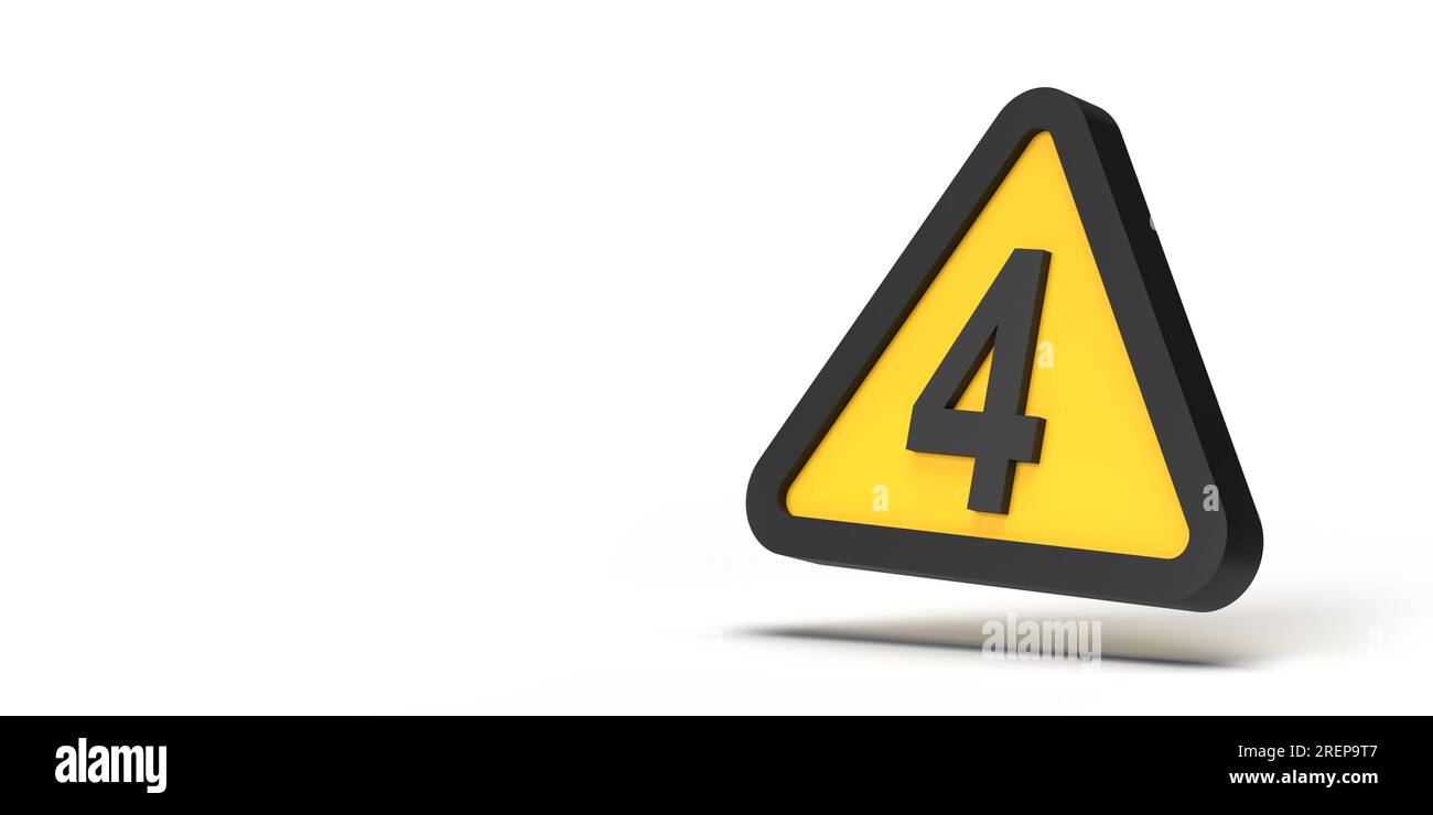 Concept d'avertissement : triangle d'avertissement avec symbole numéro 4 sur l'icône géométrique jaune encadrée sur fond blanc vide. Espace de copie de conception de rendu 3D. Banque D'Images Concept d'avertissement : triangle d'avertissement avec symbole numéro 4 sur l'icône géométrique jaune encadrée sur fond blanc vide. Espace de copie de conception de rendu 3D. Banque D'Images
