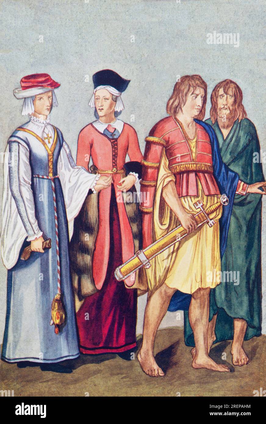 Une illustration de femmes irlandaises à la mode du 16e siècle et d'un gentleman avec quelqu'un qui semble être un ermite ou reclus - pendant le règne de la reine Elizabeth en Angleterre. Banque D'Images