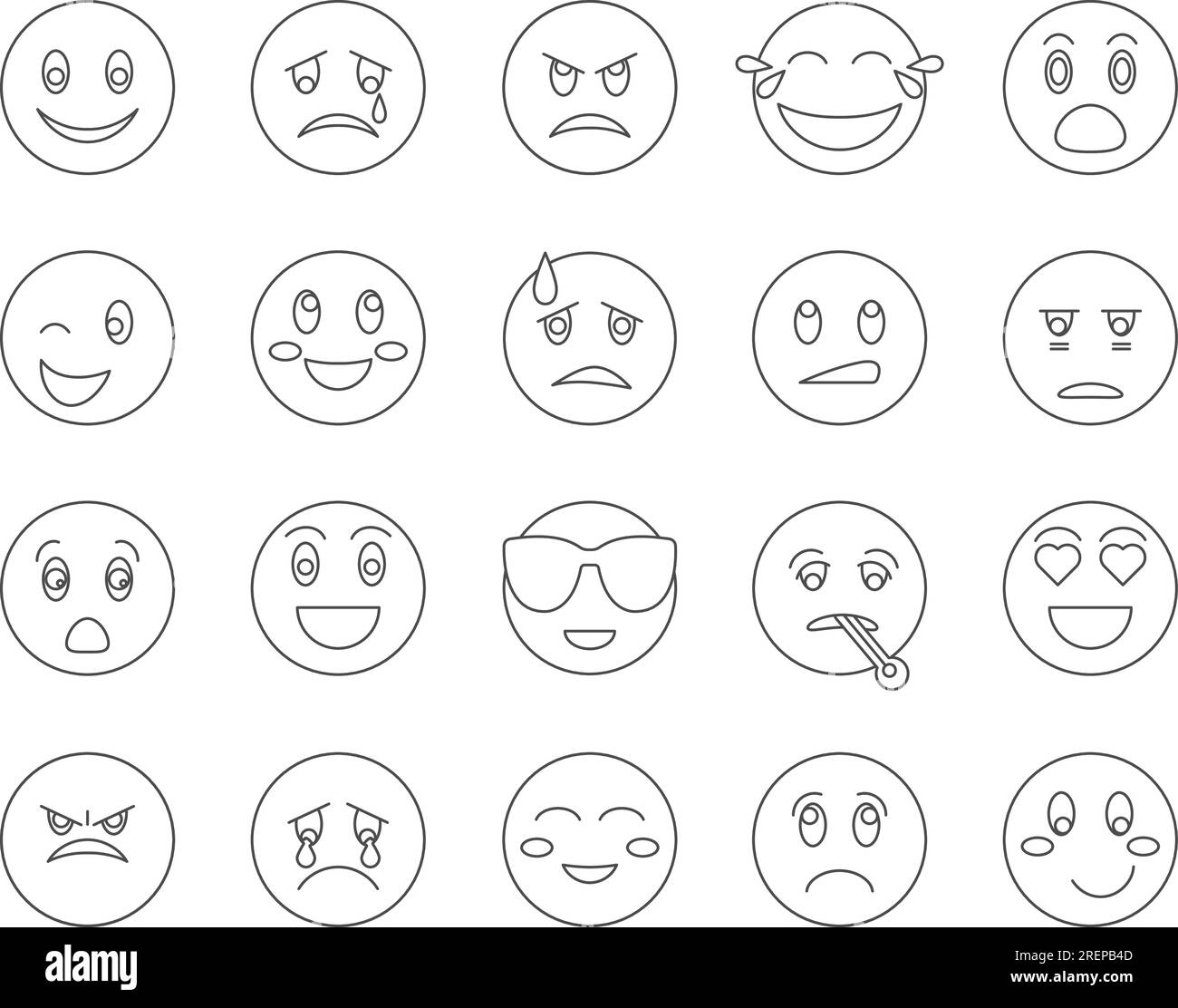 Jeu d'icônes de réactions emoji. Expressions émotionnelles. Contour modifiable. Collection vectorielle d'icônes simples Illustration de Vecteur