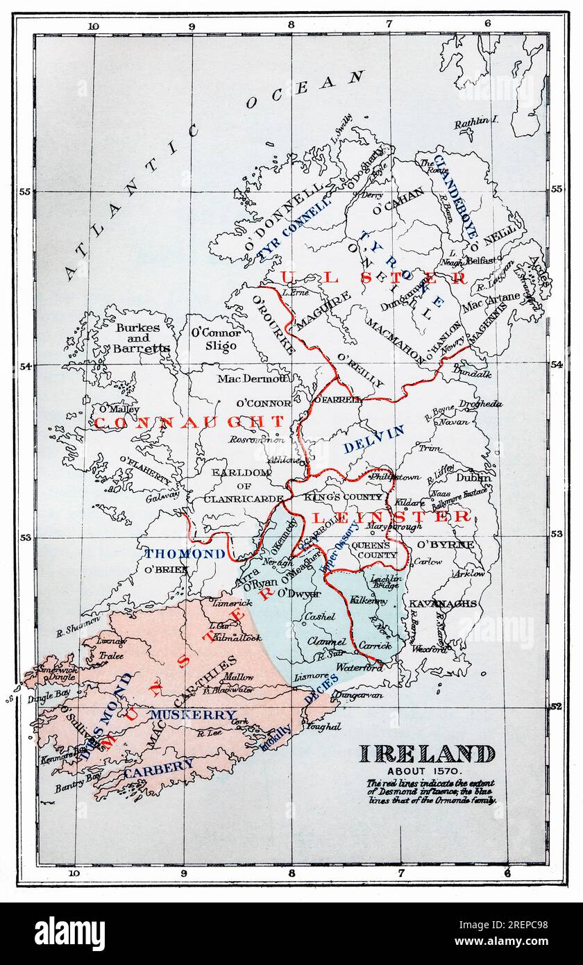 Une carte du 16e siècle illustrant les régions du sud-est de l'Irlande influencées par les deux grandes familles dirigeantes. Étendue en 1570, la zone rouge sous le contrôle des Desmond et la zone bleue sous la famille Ormonde Banque D'Images