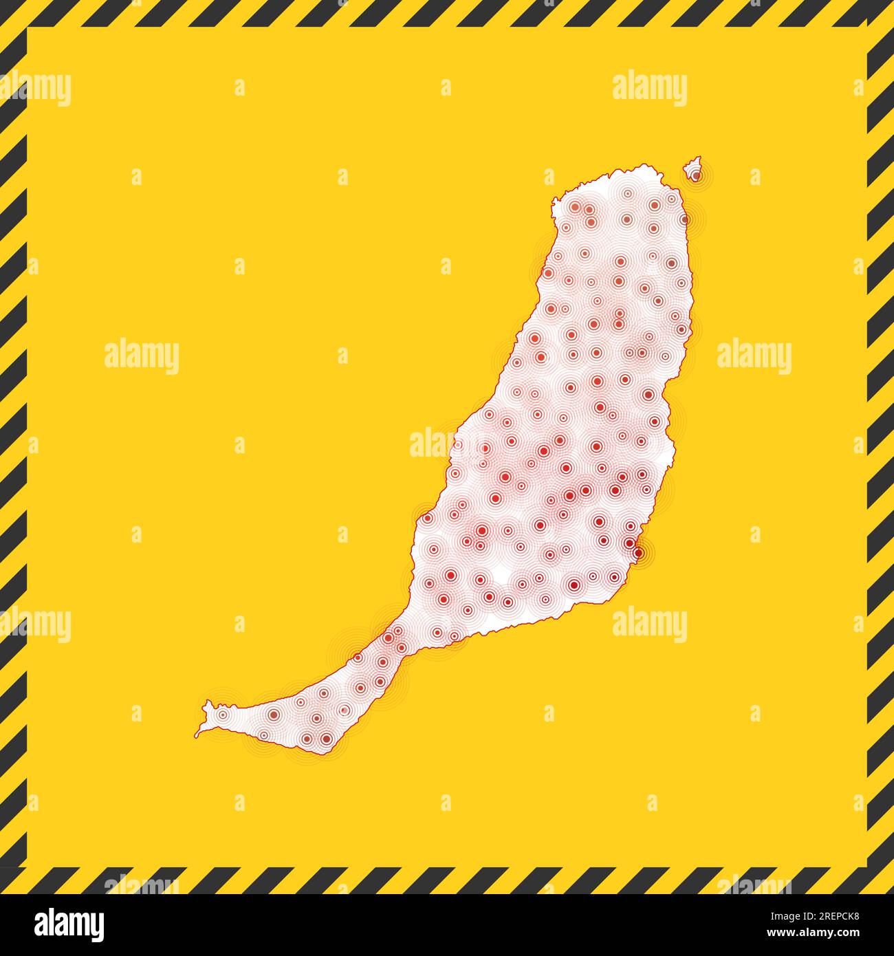 Fuerteventura fermé - signe de danger de virus. Icône d'îlot verrouillé. Bordure rayée noire autour de la carte avec concept de propagation de virus. Illustration vectorielle. Illustration de Vecteur