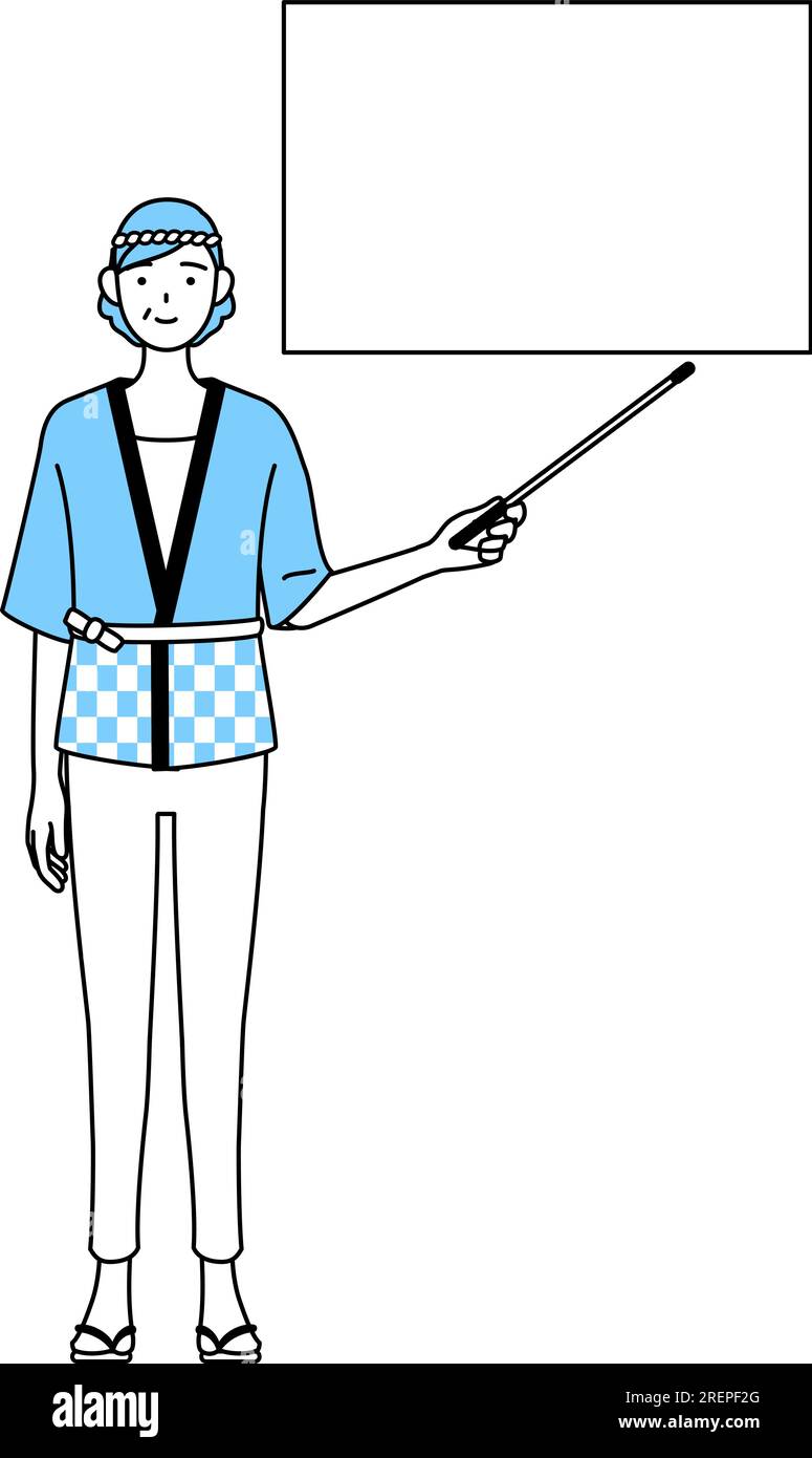 Femme senior portant manteau Happi pour les festivals d'été pointant vers un tableau blanc avec un bâton indicateur, Vector Illustration Illustration de Vecteur