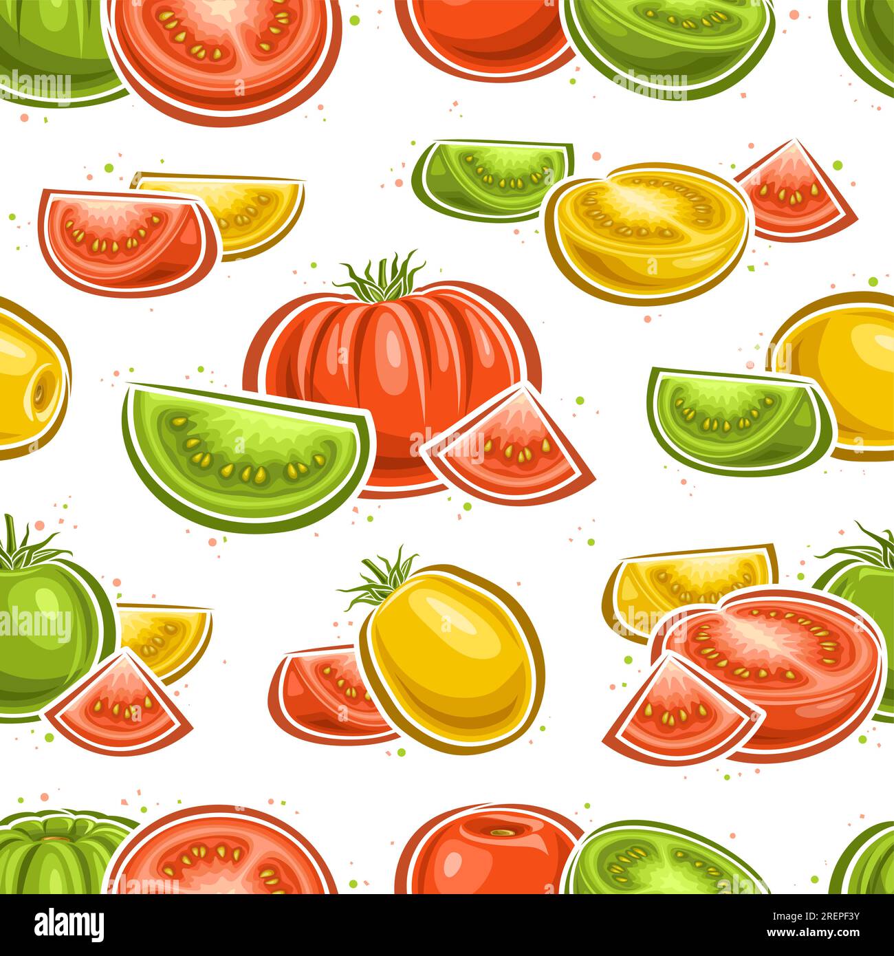 Vector coloré Tomato Seamless modèle, répéter l'arrière-plan avec la composition de nature morte de tomates de variété pour le linge de lit, affiche carrée décorative WIT Illustration de Vecteur