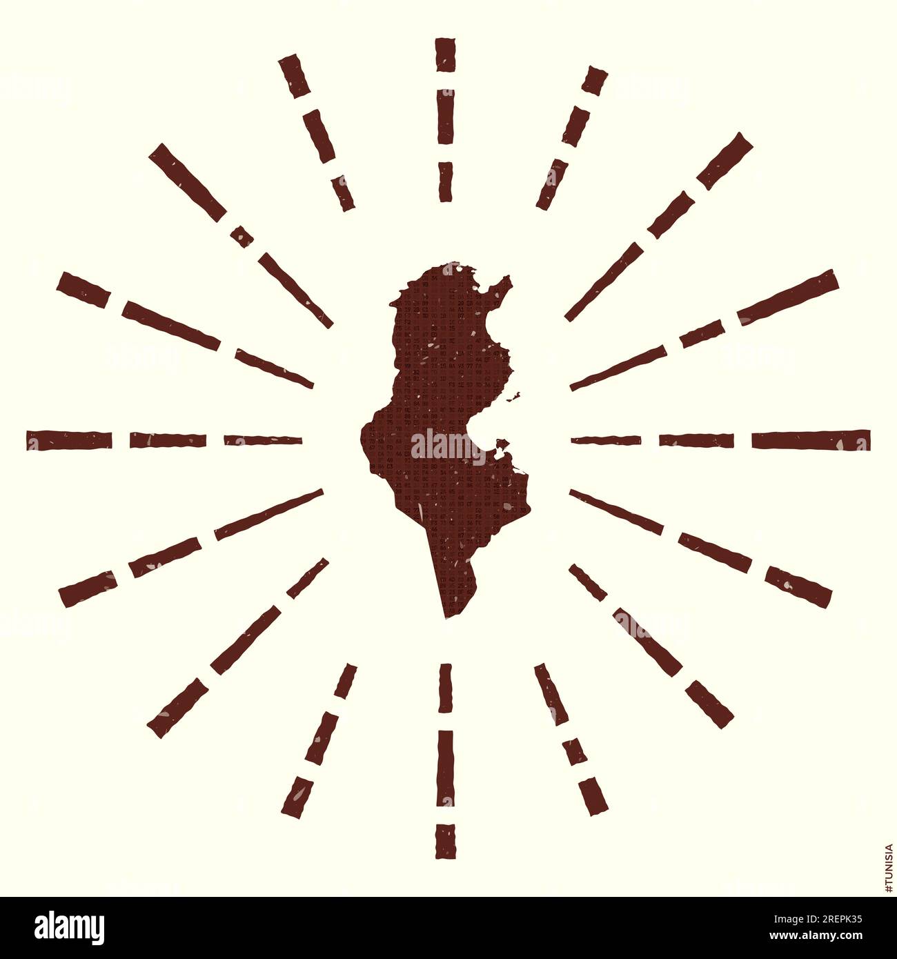 Logo Tunisie. Affiche grunge Sunburst avec carte du pays. Forme de la Tunisie remplie de chiffres hexagonaux avec des rayons de soleil autour. Illustration vectorielle cool Illustration de Vecteur