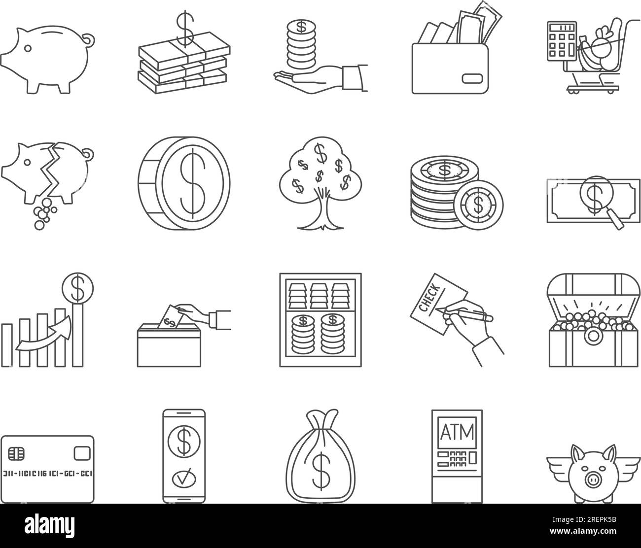 Jeu d'icônes argent et finance. Pièces de monnaie, Portefeuille, Dollar, ATM. Contour modifiable. Collection vectorielle d'icônes simples Illustration de Vecteur