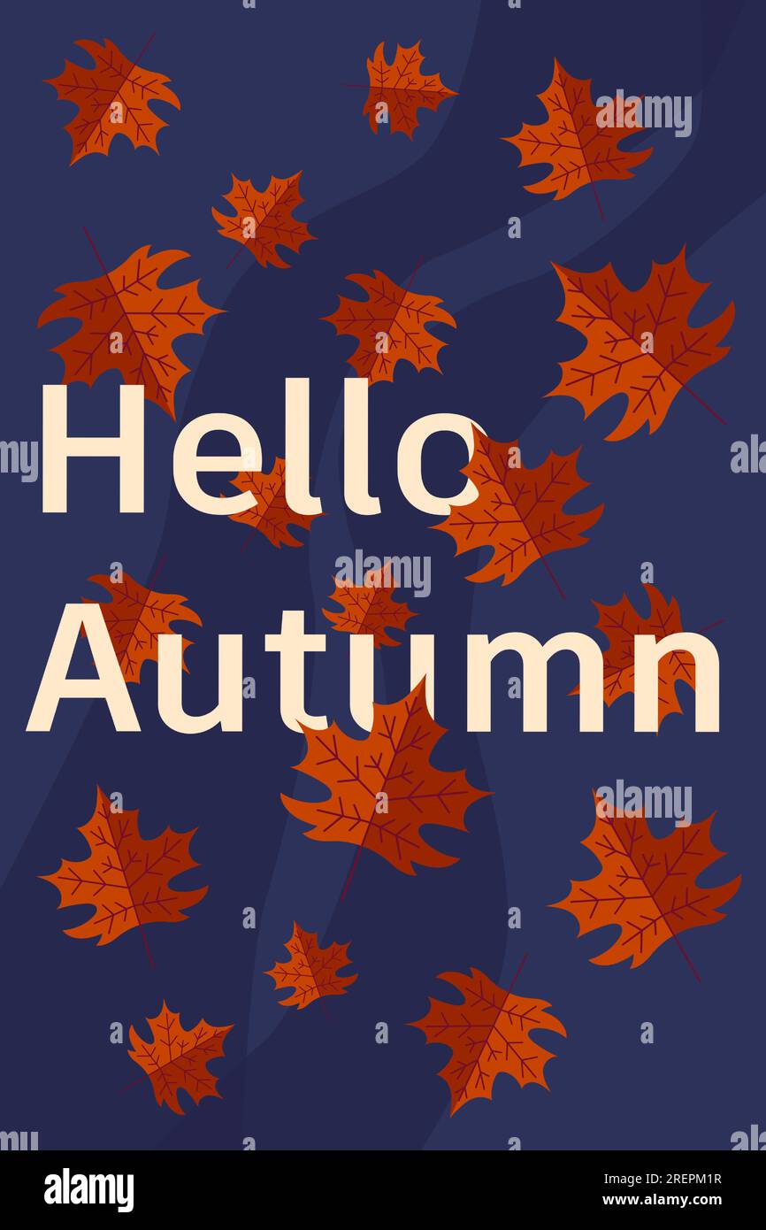 Affiche d'automne. Bonjour l'automne. Cartes et cartes postales design, feuilles d'érable colorées tombant. Eléments plats isolés. Modèle pour la publicité, web, design de bannière verticale de médias sociaux, illustration vectorielle Illustration de Vecteur