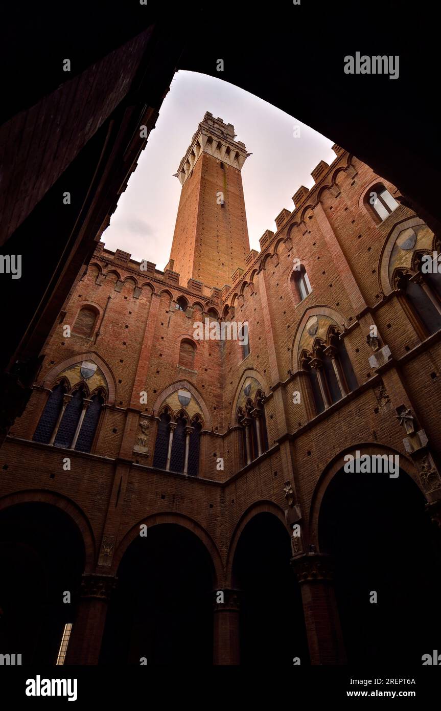 Torre del Mangia (Tour Mangia) au Palazzo Pubblico (le Palais public) à Sienne, Toscane, Italie vu de l'intérieur du palais. Banque D'Images