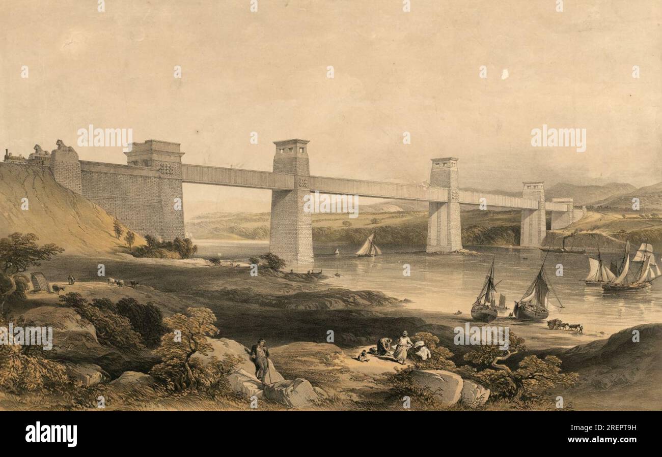 Le pont tubulaire Britannia au-dessus du détroit de Menai. Robert Stephenson ingénieur 1850 par George Hawkins Banque D'Images