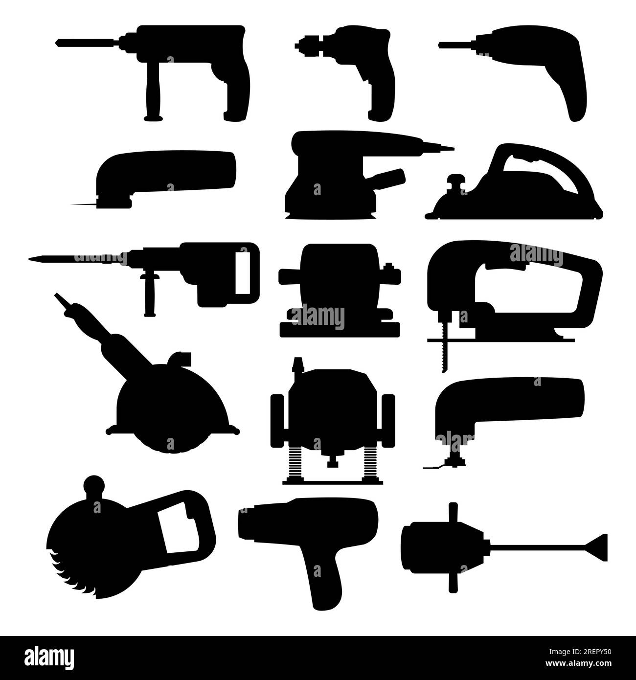 Jeu d'outils électriques. Illustration vectorielle. Matériel de construction, rénovation, menuiserie et travail du bois. Illustration de Vecteur