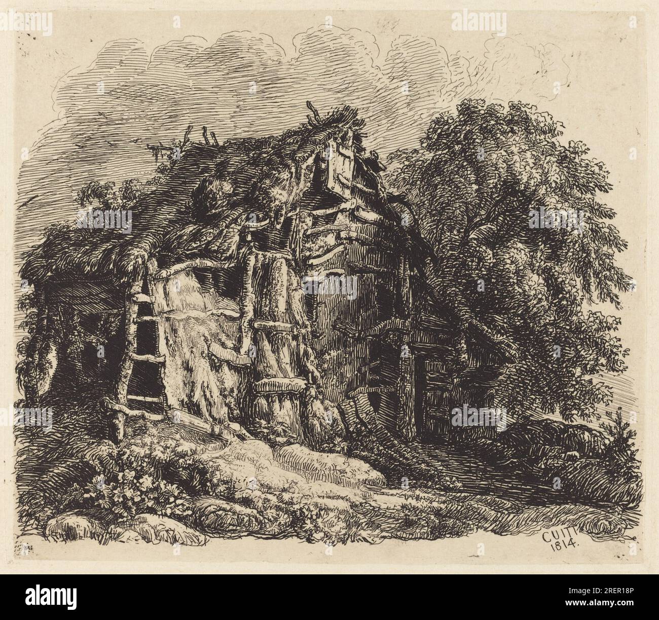 'George Cuitt le Jeune, Welsh Hovel à Machynllaeth, 1814, gravure sur applique de chine, planche : 12,1 x 14 cm (4 3/4 x 5 1/2 po.) Feuille : 24 x 34,2 cm (9 7/16 x 13 7/16 po), cadeau de John Nichols Estabrook et Dorothy Coogan Estabrook, 1988.20.13' Banque D'Images