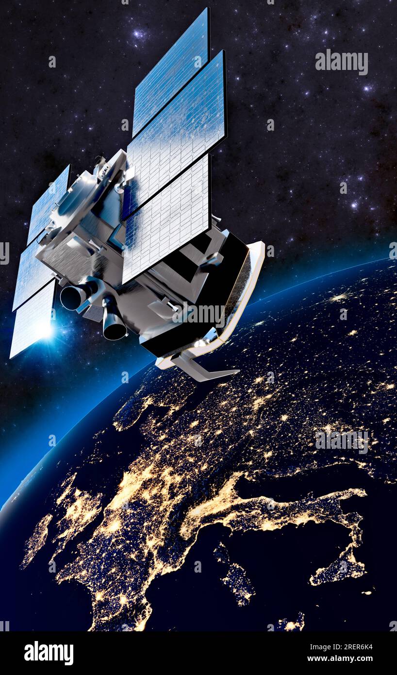 CloudSat est un satellite d'observation de la Terre de la NASA. Il utilise le radar pour mesurer l'altitude et les propriétés des nuages. Montagnes, lacs et plaines. rendu 3d. Banque D'Images