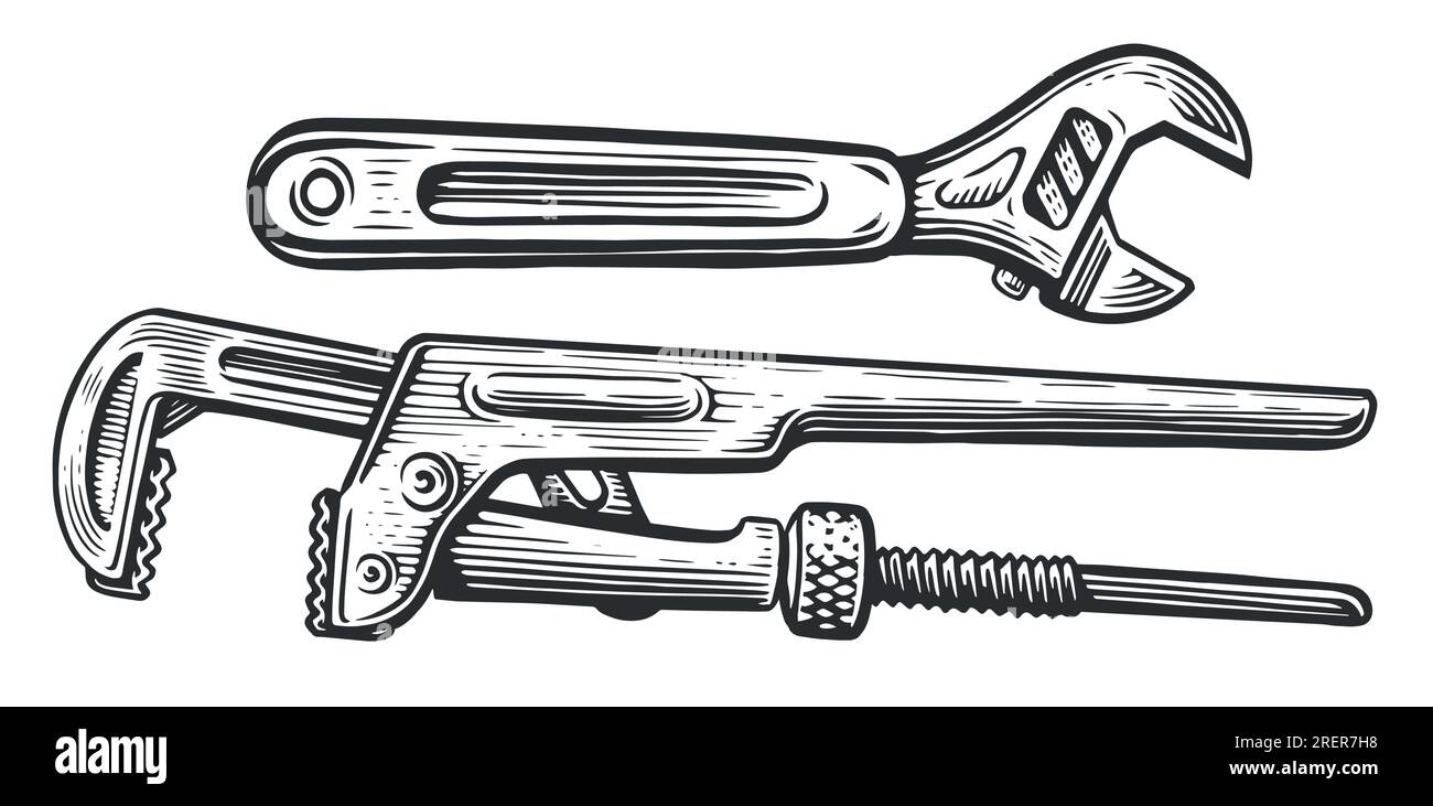 Outils à clé. Clé de construction, clé de plomberie. Esquissez une illustration vectorielle vintage Illustration de Vecteur