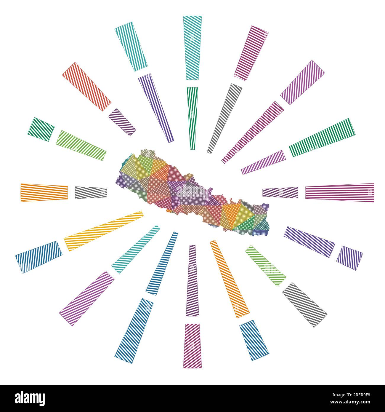 Coup de soleil au Népal. Rayons rayés poly bas et carte du pays. Illustration vectorielle créative. Illustration de Vecteur