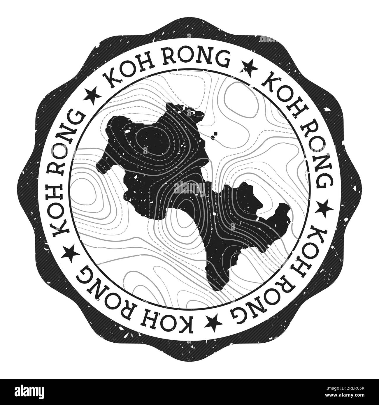 Tampon extérieur Koh Rong. Autocollant rond avec carte de l'île avec isolines topographiques. Illustration vectorielle. Illustration de Vecteur