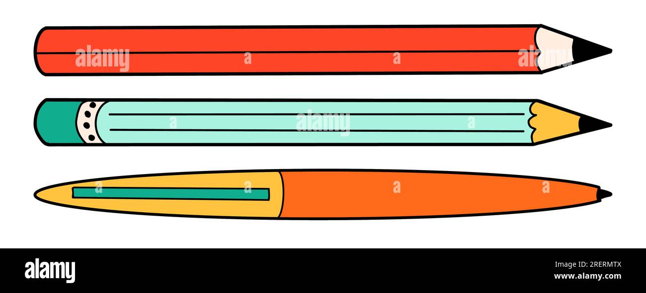 Dessin animé stylo et crayon d'école dans le style rétro doodle. Retour à l'école élément de papeterie Bold Bright. Fournitures classiques pour l'éducation des enfants ou le bureau Illustration de Vecteur