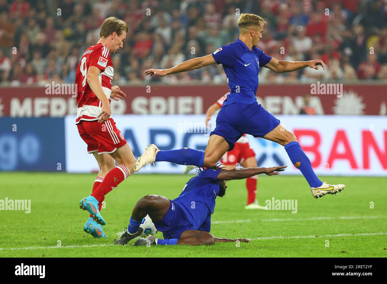 Düsseldorf, Allemagne, 29.07.2023. Fortuna Duesseldorf vs Hertha BSC, football, 2. Bundesliga, 1. Journée, saison 2023/2024. LES RÈGLEMENTS DU LDF INTERDISENT TOUTE UTILISATION DE PHOTOGRAPHIES COMME SÉQUENCES D'IMAGES ET/OU QUASI-VIDÉO. Crédit : newsNRW / Alamy Live News Banque D'Images