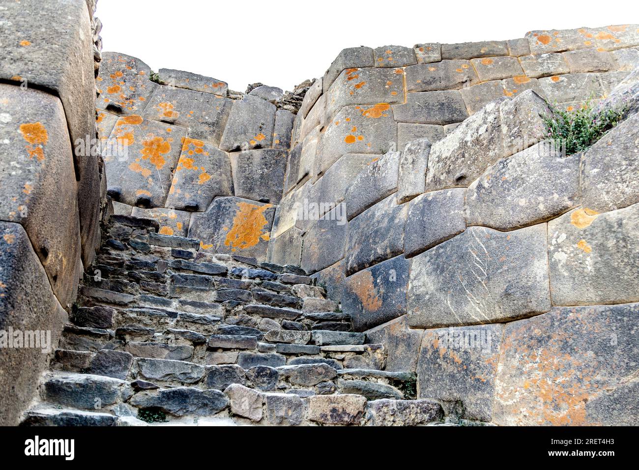 Murs de pierre et escaliers à l'ancienne ruine inca d'Ollantaytambo, Vallée Sacrée, Pérou Banque D'Images