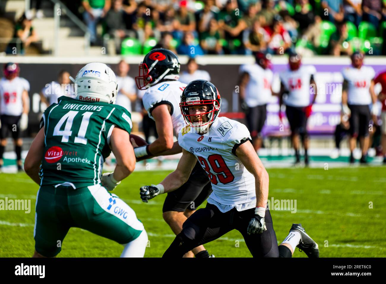 Shwaebisch Hall, Allemagne. 29 juillet 2023. Erima GFL / Ligue allemande de football, Schwaebisch Hall Unicorns - Hurricanes de la Sarre dans l'Optima-Sportpark Shwaebisch Hall le 29,2023 juillet Allemagne, Hurricanes de la Sarre - RB # 39 Thomas Jones crédit : Frank Baumert/Alamy Live News Banque D'Images