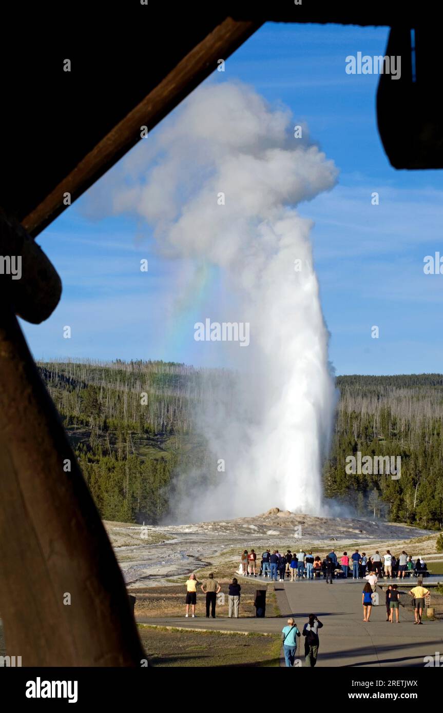 Vue depuis le pont de Old Faithful Inn des visiteurs regardant le Old Faithful Geyser en éruption dans le parc national de Yellowstone, Wyoming, États-Unis Banque D'Images