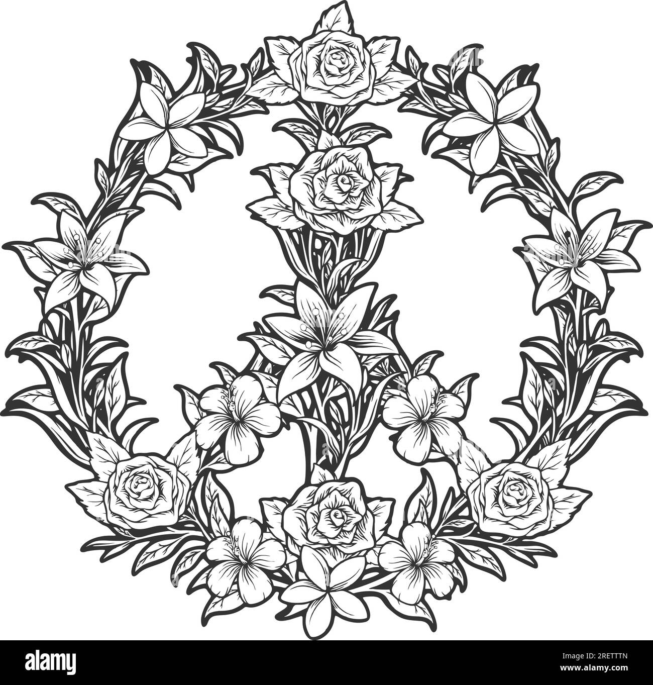Symboles de paix Bohemian rhapsody avec des illustrations vectorielles monochromes de décor floral pour votre logo de travail, t-shirt de marchandises, autocollants et dessins d'étiquettes, Illustration de Vecteur