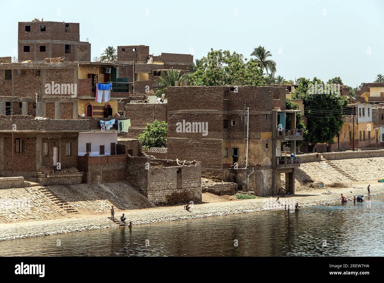 Vue panoramique sur les rives fertiles du Nil et la vie quotidienne pendant la croisière fluviale près de Louxor Egypte direction assuan. Banque D'Images