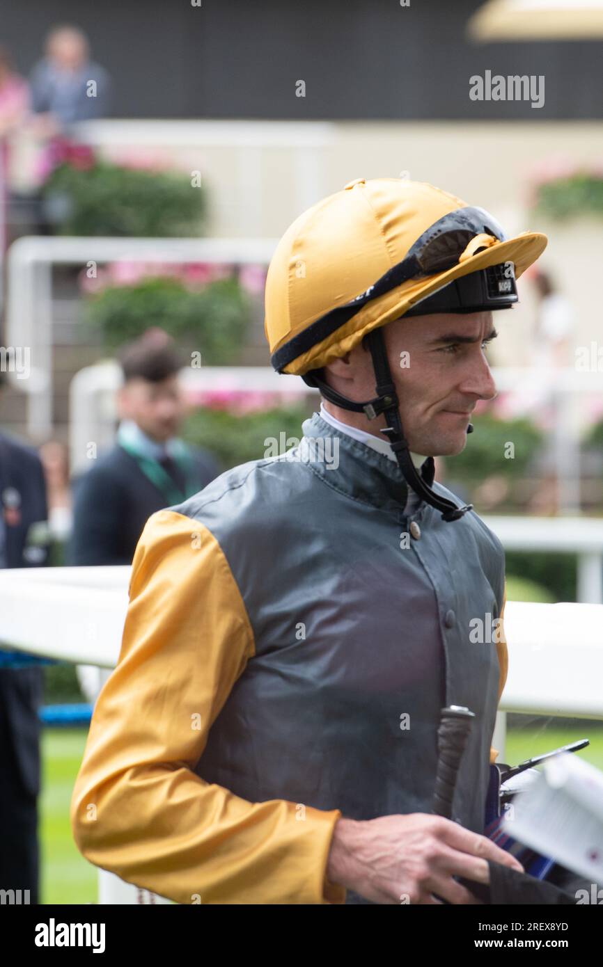 Ascot, Berkshire, Royaume-Uni. 29 juillet 2023. Horse Indian Run monté par le jockey Daniel Tudhope (photo) remporte le 25e anniversaire de Greenwood Charity British EBF Crocker Bulteel Maiden Stakes à l'hippodrome d'Ascot le jour QIPCO King George. Propriétaire Bronte Collection. Entraîneur Eve Johnson Houghton Blewbury. Crédit : Maureen McLean/Alamy Live News Banque D'Images