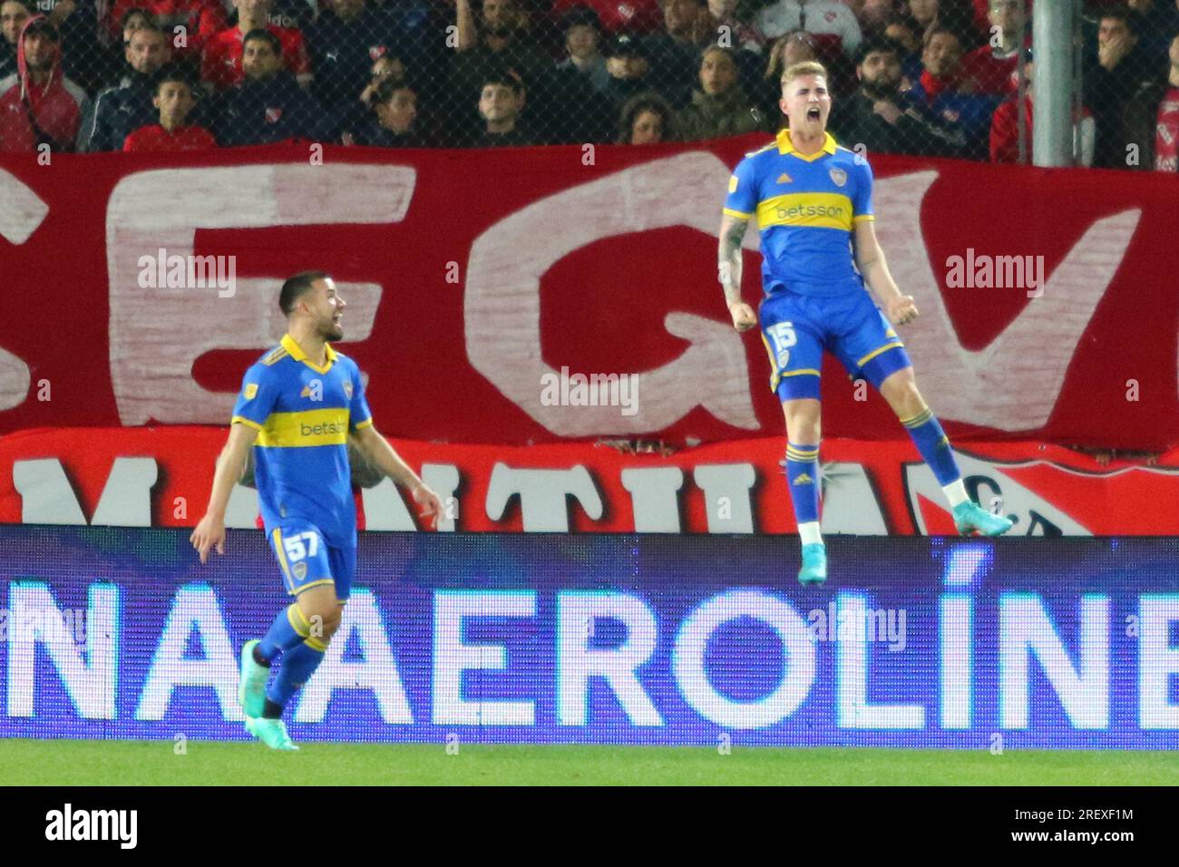 Buenos Aires, Argentine. 29 juillet 2023. Nicolas Valentini de Boca Juniors célèbre son but lors d’un derby pour la 27e manche de la Liga Profesional de Fútbol Binance Cup Argentine au Libertadores de América Stadium ( crédit : Néstor J. Beremblum/Alamy Live News Banque D'Images