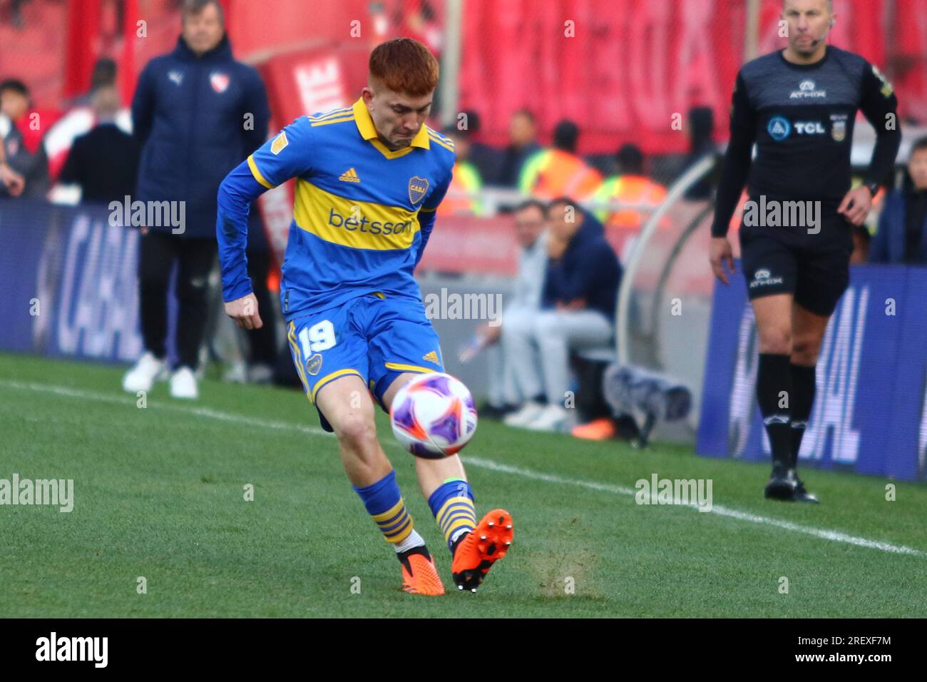 Buenos Aires, Argentine. 29 juillet 2023. Valentin Barco de Boca Juniors lors d’un derby pour la 27e manche de la coupe Liga Profesional de Fútbol Binance Argentine au Libertadores de América Stadium ( crédit : Néstor J. Beremblum/Alamy Live News Banque D'Images