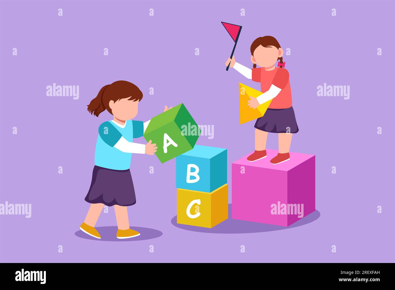 Dessin de style plat de dessin animé jolies deux petites filles jouant des blocs cubes jouets ensemble. Jouets éducatifs. Enfants jouant des cubes de concepteur, développemental Banque D'Images