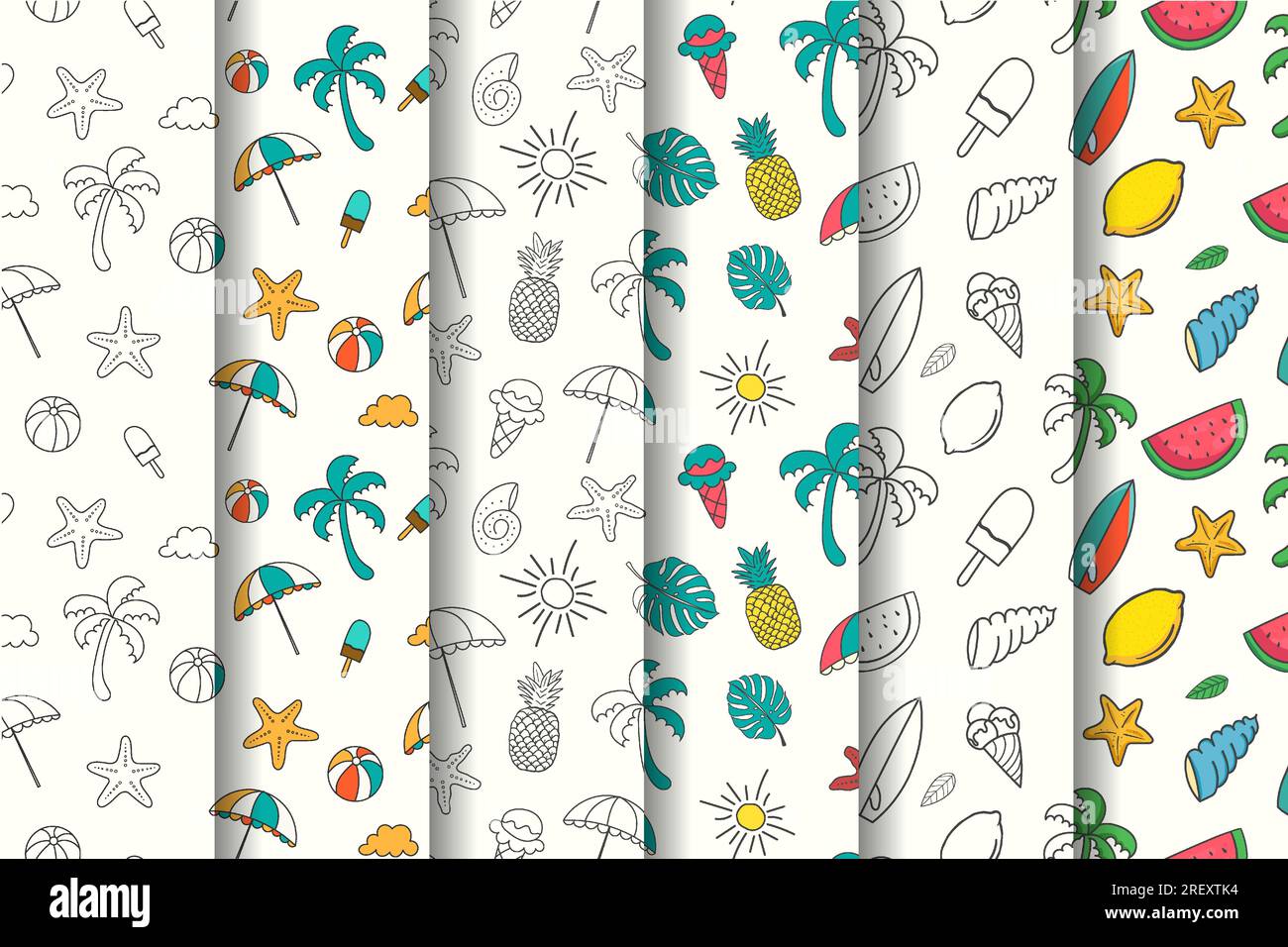 Collection de motifs d'été dessinés à la main avec des éléments d'été Illustration de Vecteur