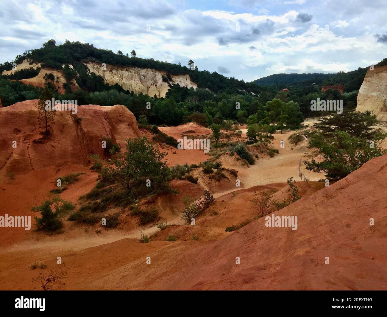 Réserve naturelle appelée Colorado Provençal en France avec des arbres et des dunes de sable de couleur orange un jour de pluie en été. Banque D'Images