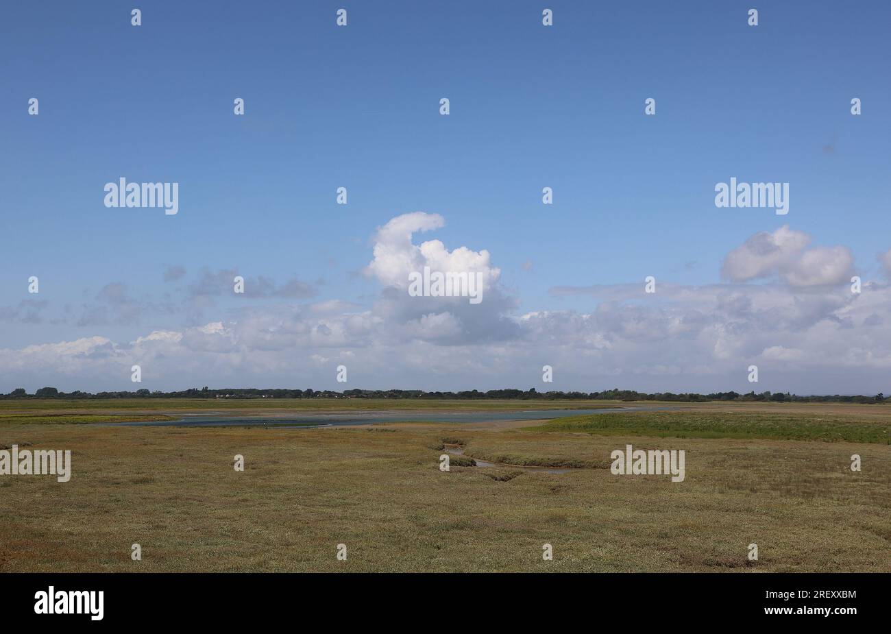 Vue grand angle générale des marais côtiers au Royaume-Uni à marée basse pendant une journée ensoleillée avec des nuages dans un ciel bleu. Banque D'Images