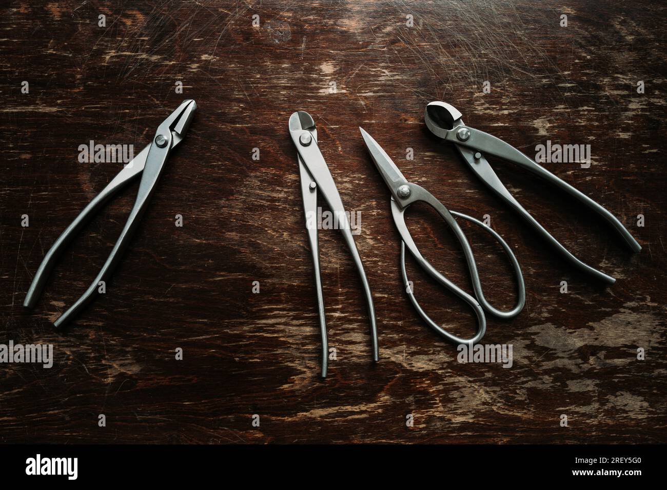 Outils Bonsai sur une vue de dessus de table en bois rustique à la lumière naturelle. Cisailles Bonsai, coupe-fil, coupe-fil concave et pinces jin en acier inoxydable Banque D'Images