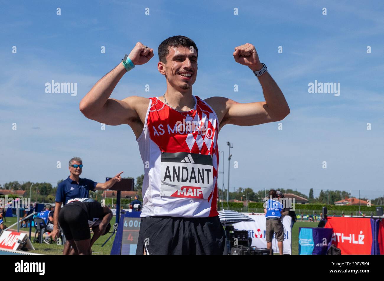 Albi, France. 30 juillet 2023. Teo ANDANT Champion de France 2023 du 400m lors du Championnat de France d'athlétisme 2023 à Albi, France, le 30 juillet 2023. Photo d'Arnaud Bertrand/ ABACAPRESS.COM crédit : Abaca Press/Alamy Live News Banque D'Images