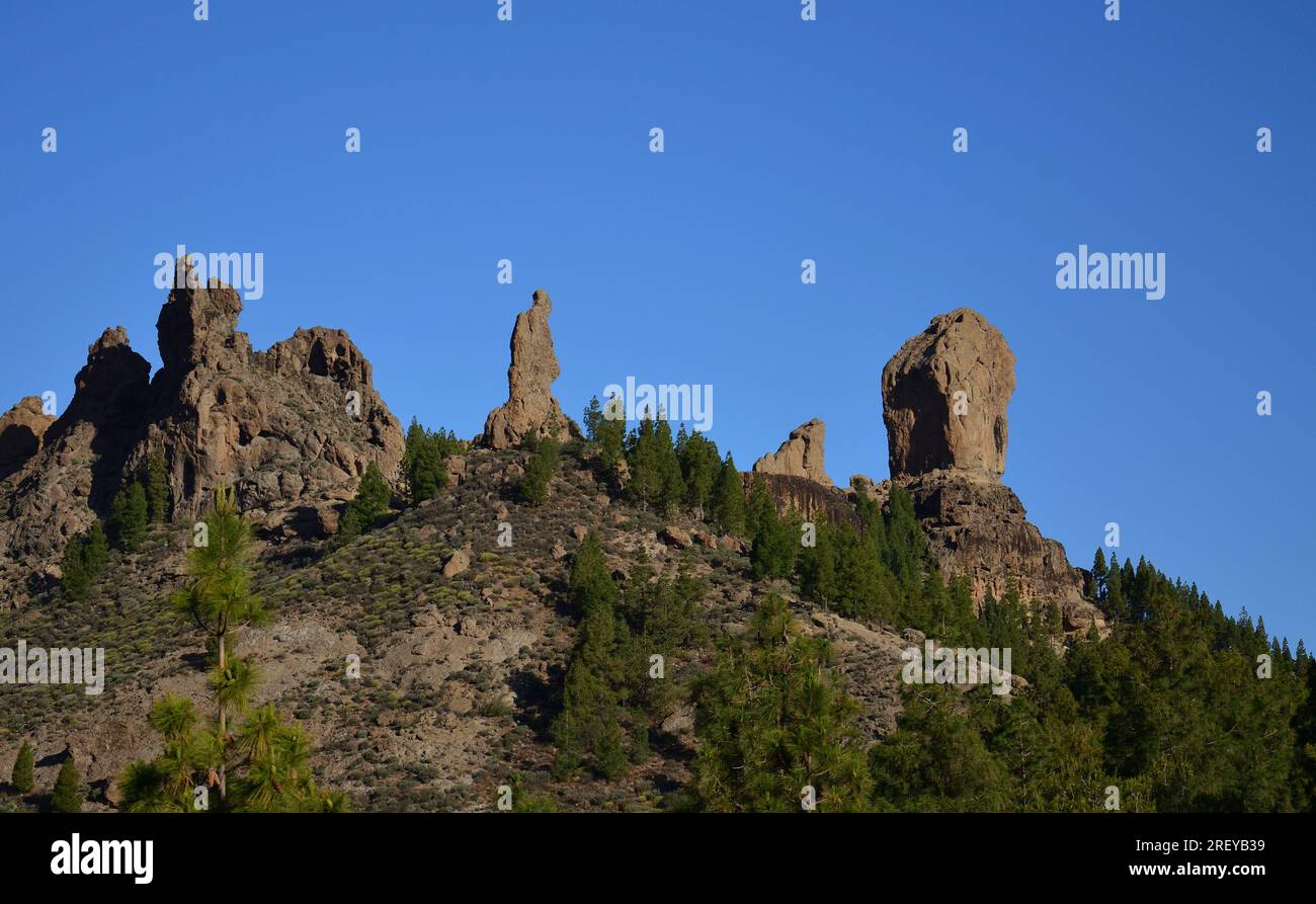 Pentes de Roque Nublo et Roque Fraile avec splendide ciel bleu, sommet de Gran Canaria, Espagne Banque D'Images
