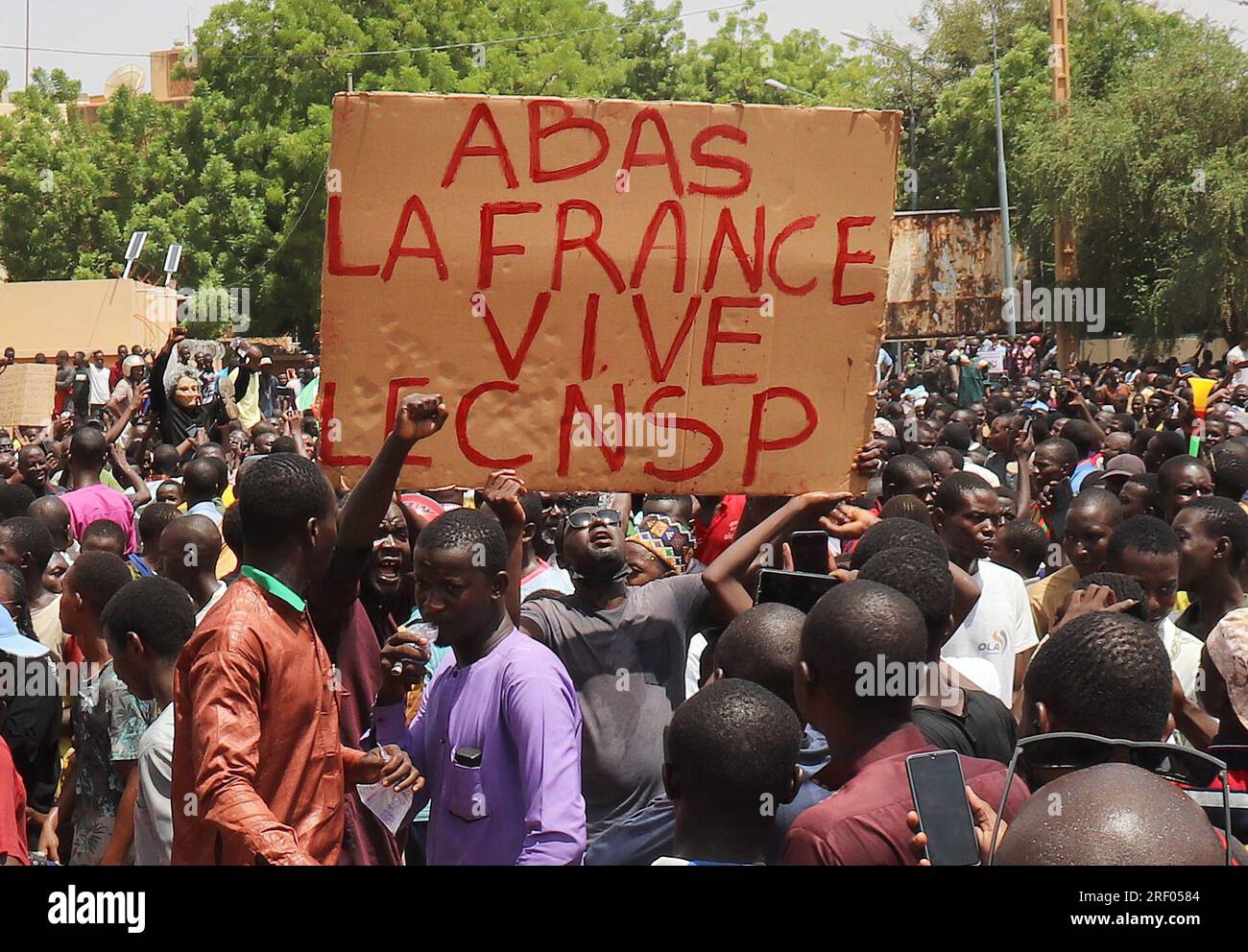 Niamey, Niger. 30 juillet 2023. Les manifestants prennent part à une marche de soutien aux comploteurs du coup d'État dans la capitale, centrée sur un panneau indiquant « à bas avec la France, vive le CNSP » (« Conseil national pour la protection de la patrie »). Après le coup d’État au Niger, des milliers de personnes ont promis leur soutien à l’armée. - Recrop Credit : Djibo Issifou/dpa/Alamy Live News Banque D'Images