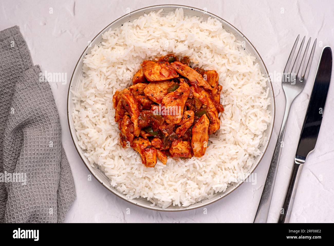 Photographie alimentaire de riz, basmati, poulet, ragoût, casserole, nourriture salée, curry, tomate, sauce, maison, asiatique, épicé, viande Banque D'Images