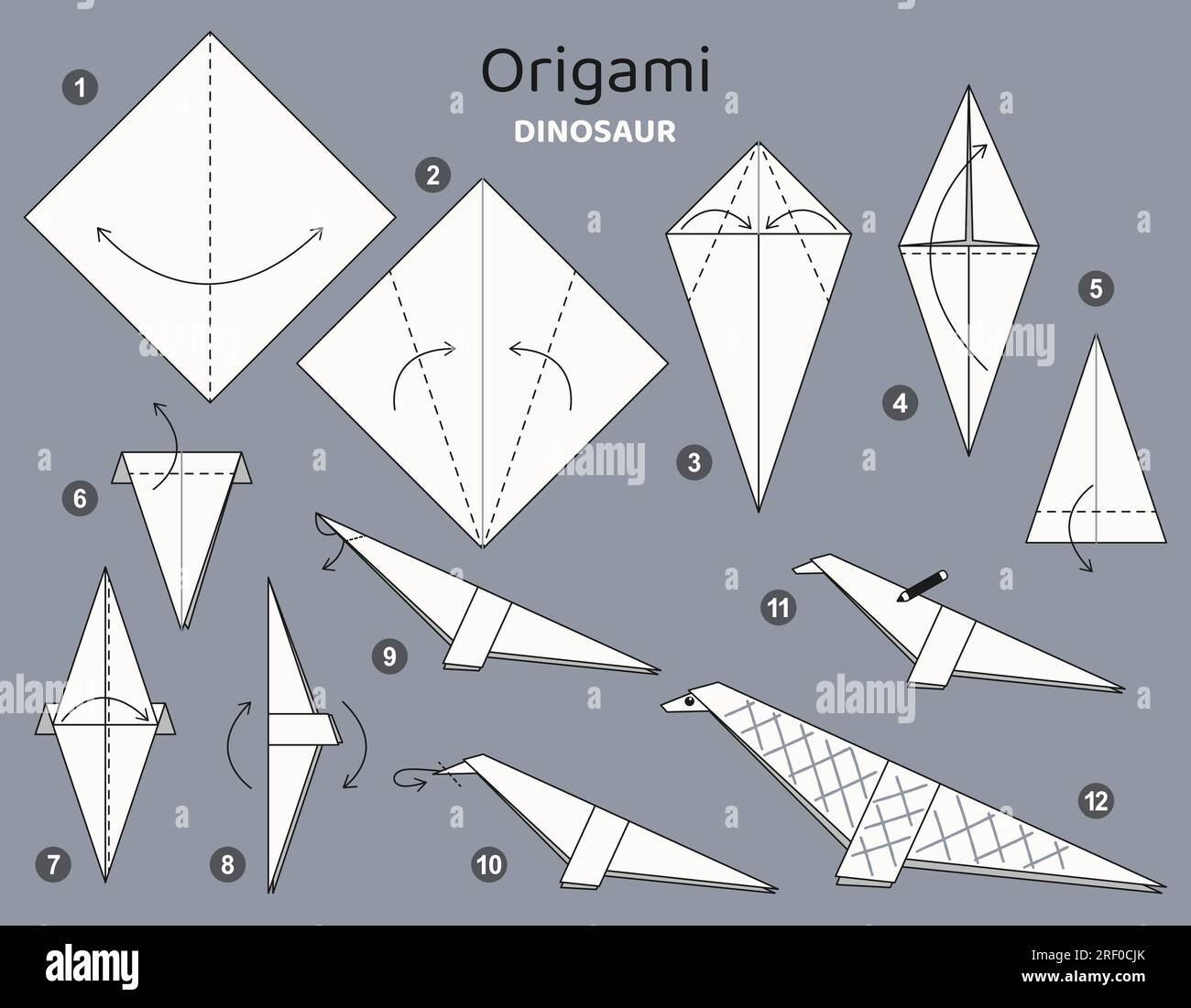 Tutoriel origami pour les enfants. Origami mignon dinosaure. Illustration de Vecteur