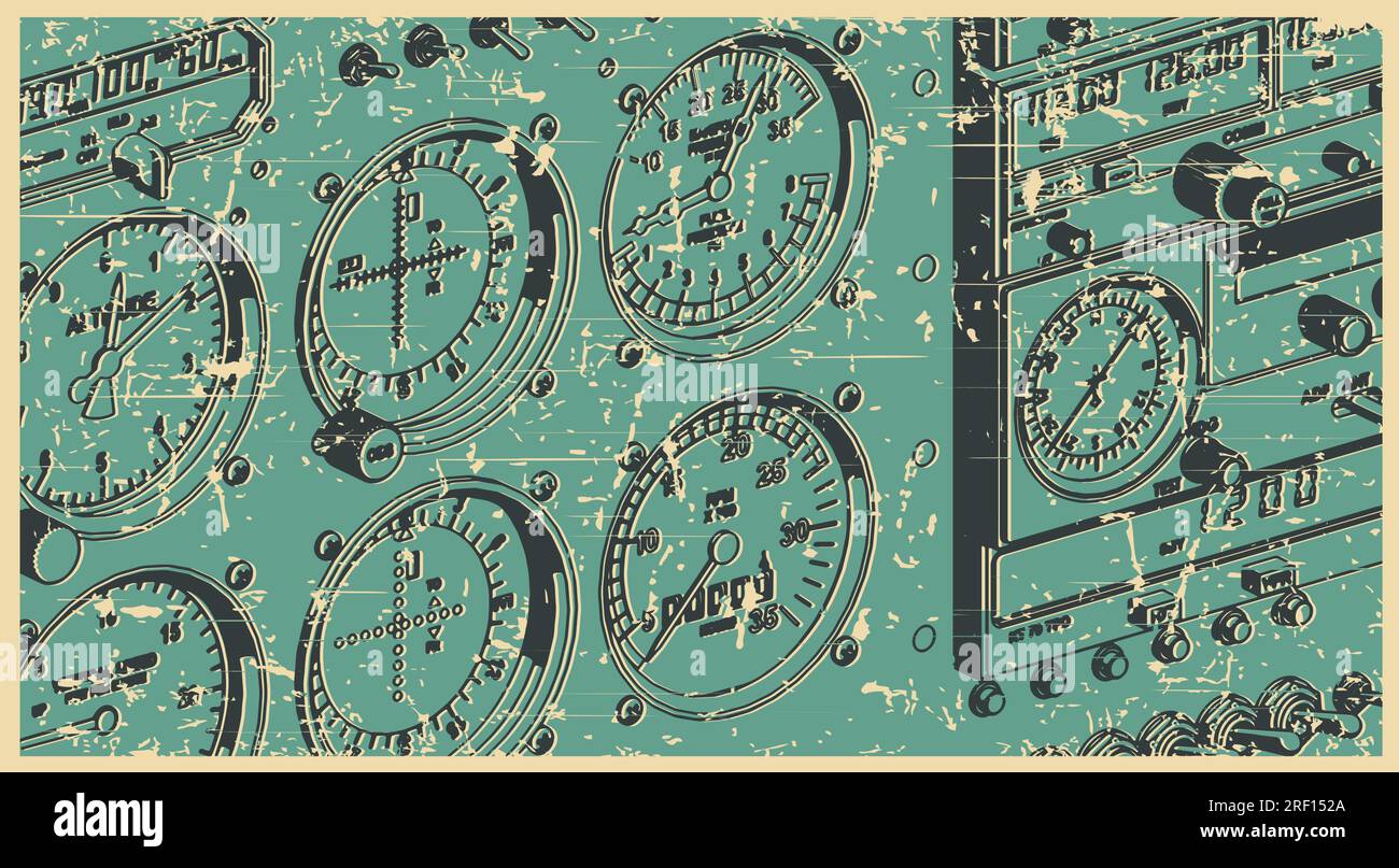 Illustrations vectorielles stylisées du panneau de commande d'avion en gros plan dans le style d'affiche rétro Illustration de Vecteur