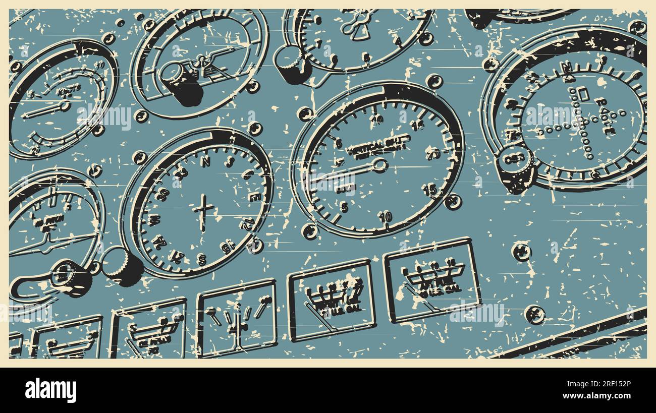 Illustrations vectorielles stylisées de panneau de commande d'avion gros plan dans le style d'affiche rétro Illustration de Vecteur